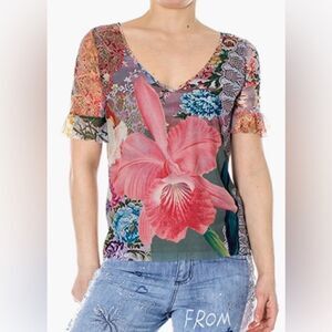 Desigual Laura Floral Print Ruffled Short Sleeve V-neck T-shirt Size S